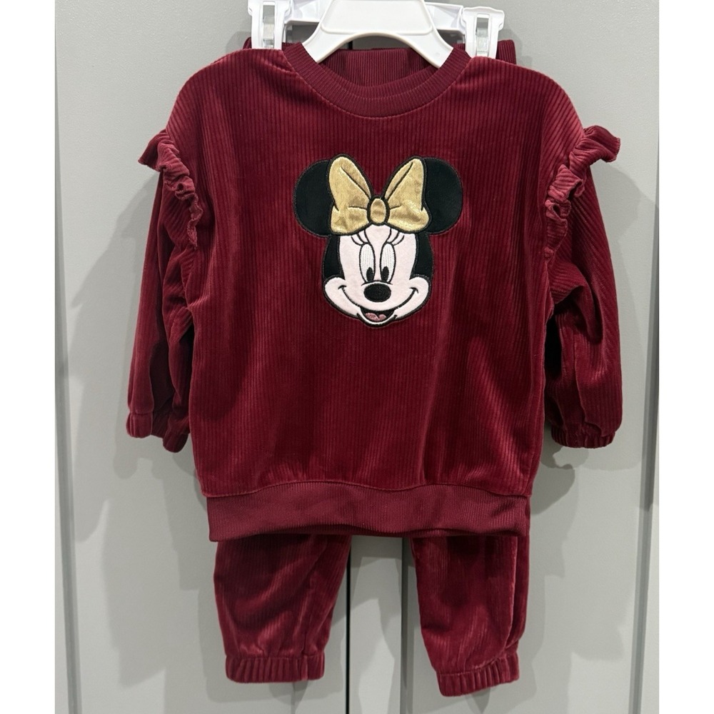 Baby Disney Minnie Mouse Girls Size 24M Burgundy Ribbed Ruffle Velour 2 Piece